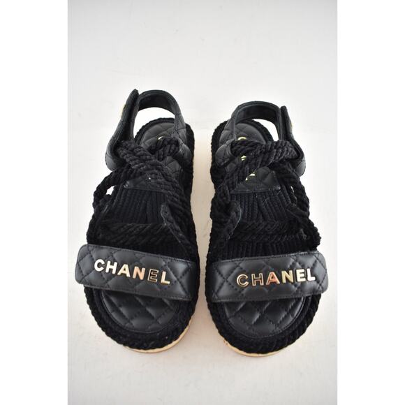 Chanel REV Black Gold Cord Rope CC Quilted Mule Ankle Strap Dad Sandal Flat 36 - Picture 9 of 14